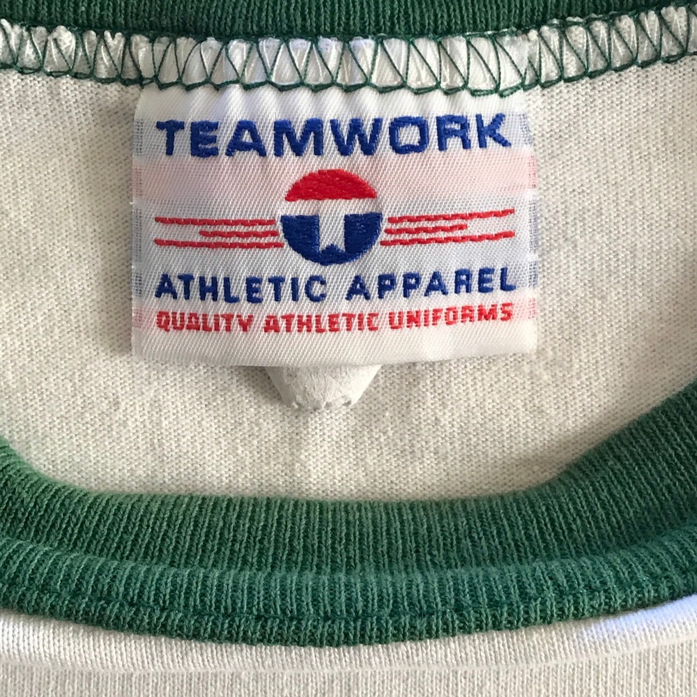 Vintage Teamwork Mens Baseball T-Shirt Green Cream 3/4 Sleeve Athletic Tee - Picture 4 of 15